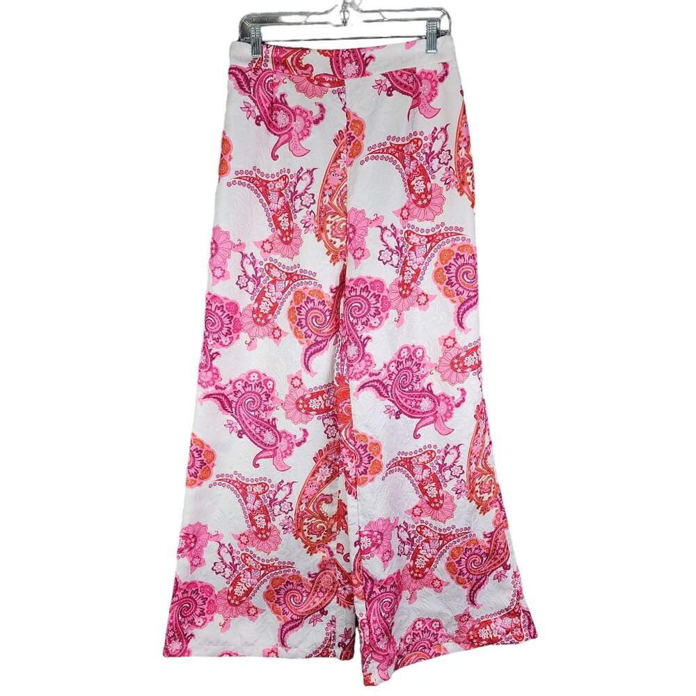 Womens Pink & White Shein X Paisley Print Wide-Leg Pants Polyester Size OXL